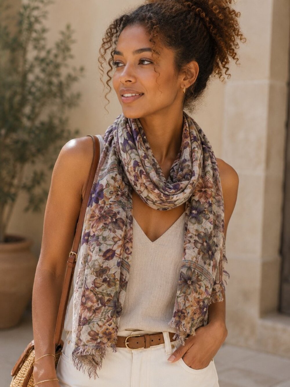 Portofino Floral Scarf Purple Tan Italian Cashmere Silk Wrap Women Shawl NEW